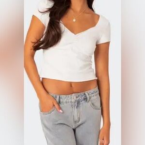 WeWoreWhat Fitted White Cotton Jersey V-Neck Cap Sleeve Ruched Tee Size Medium